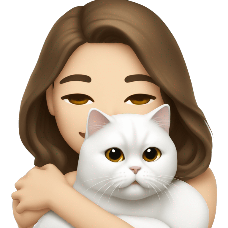 Brunette woman snuggling white Persian cat emoji