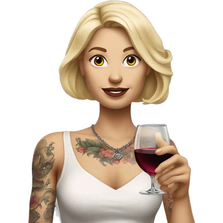 Create a hyper-realistic emoji of a blonde woman with elegant features. She has a body covered in tattoos, holding a glass of wine in one hand, while pointing forward with her other hand. emoji