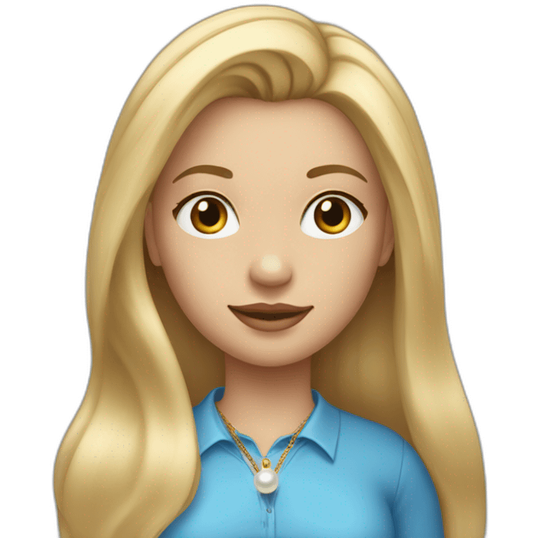 blonde girl with long straight hair dressed in a blue shirt with pearl earrings and a golden pendant emoji