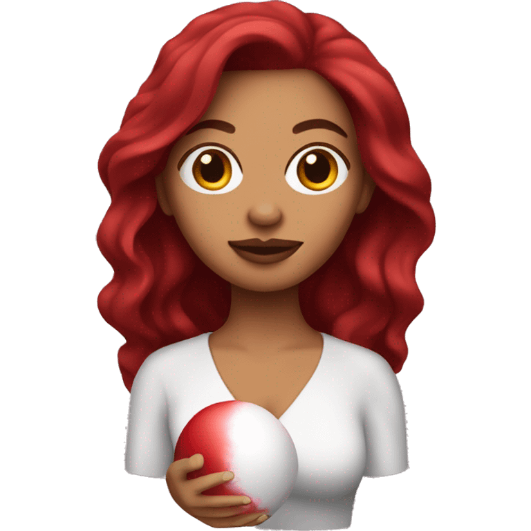 Dark red hair mexican woman holding red bath bomb emoji