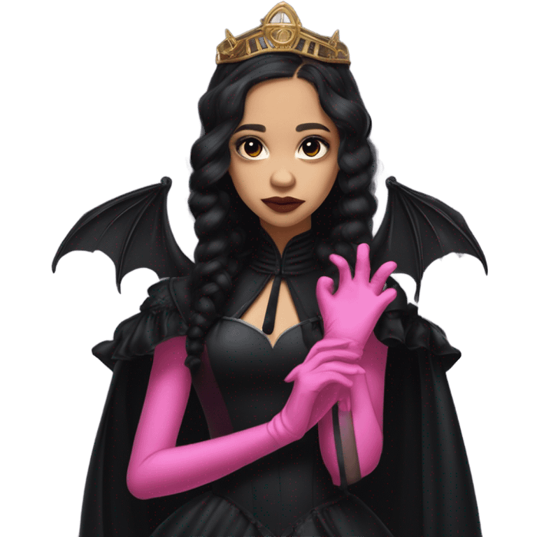 standing flirty Lavish black evening gown with see-through gloves, Jenna Ortega as Addams woman wearing a steampunk mini tiara, very large blood pink evil-looking horned old dragon emoji