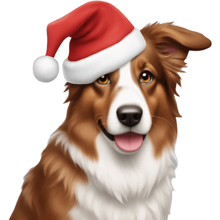 Red and white Australian Shepard with Santa hat emoji