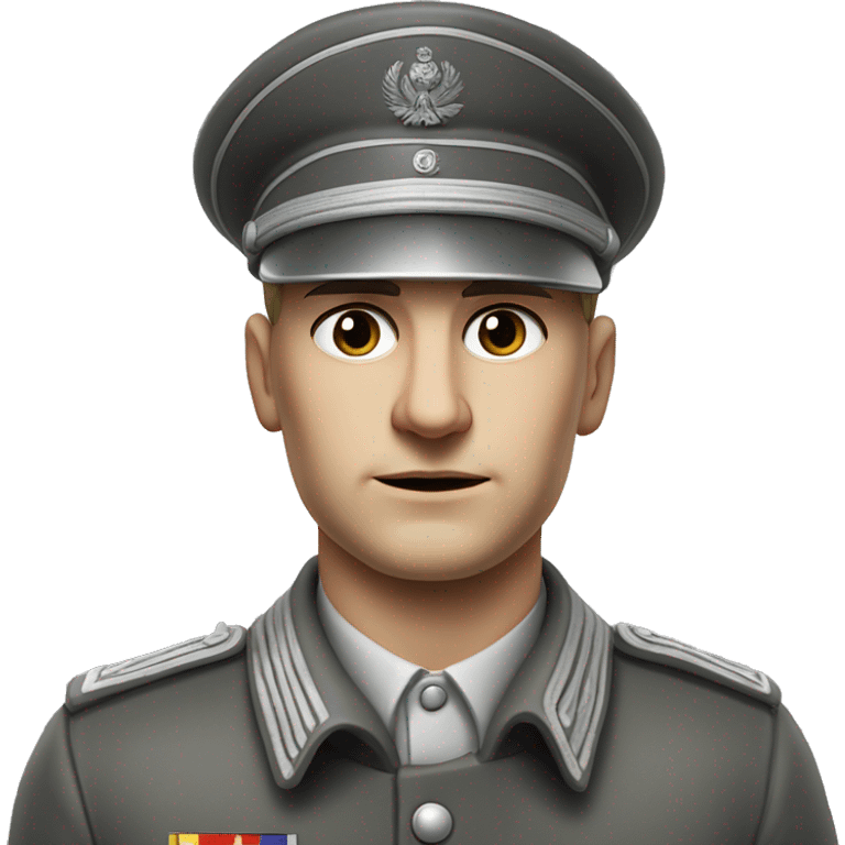 photorealistic 30 years old serious german soldier the middle of the XX century gray uniform detailed face with wrinkles, closed mouth, small eyes  emoji