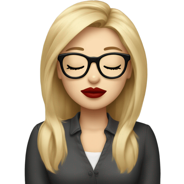 White girl, blonde hair, eyes closed, red lipstick,  wearing glasses kisses Yorkshire terrier  emoji