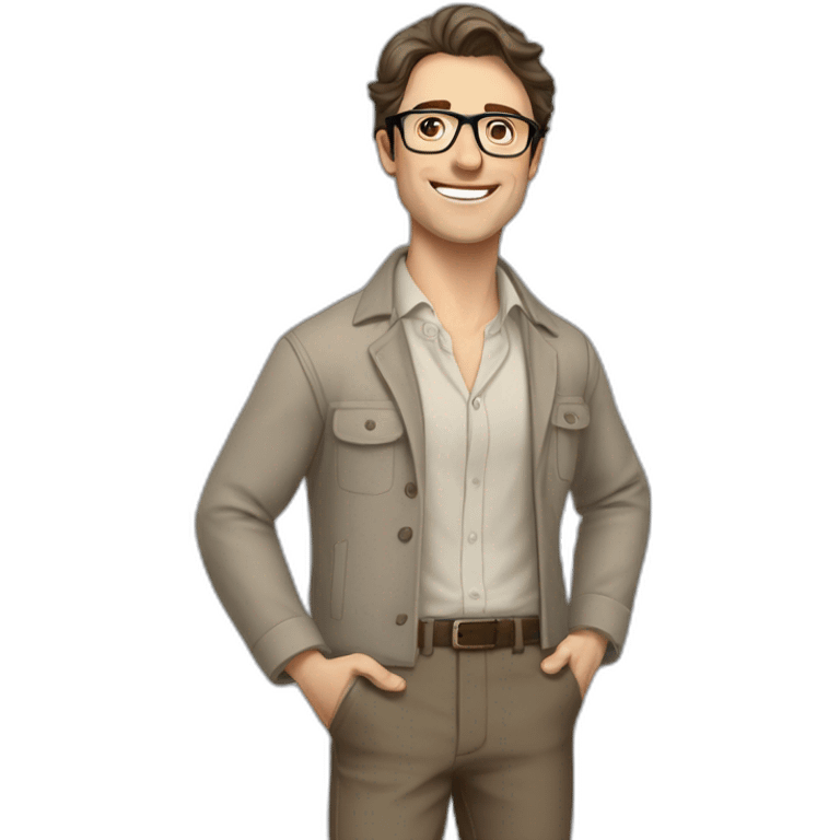 Joyful Full height Pale skinned Fit Man With dark brown hair in gray jacket, beige office shirt, Brown pants and vintage glasses. His thrumbs up emoji