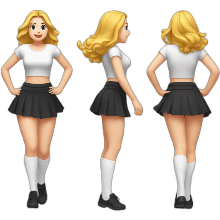 alistic-full-body-caucasian-curvy-beauty-jumping-short-black-skirt-back-and-front-views-strong-wind-knickers-long-white-socks emoji