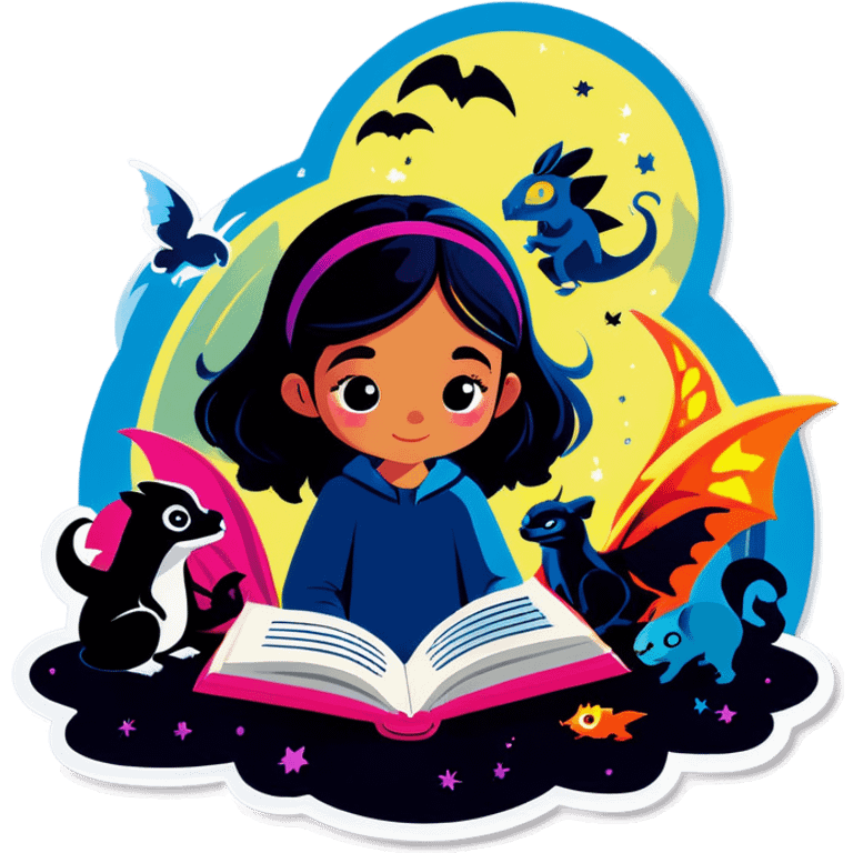 girl reading book with mystical creatures coming out of it emoji