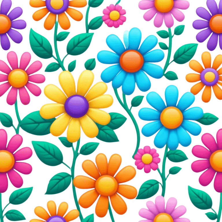 3D, psychedelic colored hippie style flowers in a line emoji