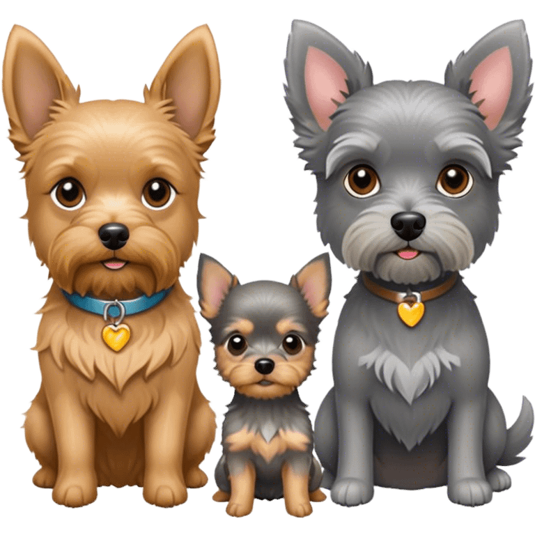 Golden doodle next to a chihuahua yorkie mix and a grey miniature schnauzer emoji