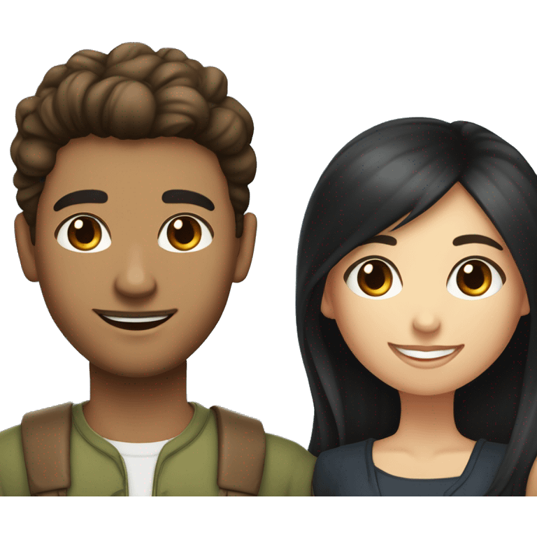 Long  brown hair woman blue eyes with man with olive skin with short black hair happy together  emoji