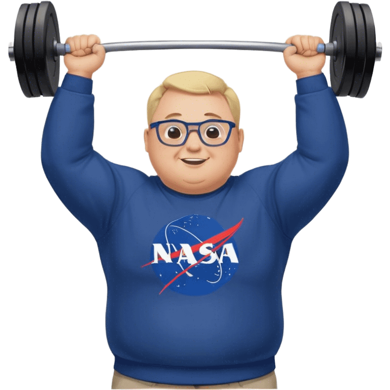 happy chubby man, lifts weights over the head,  blond short and hight receding hairline, wearing a dark blue sweatshirt, nasa logo on the sweatshirt, round glasses without frame, 40 years old emoji