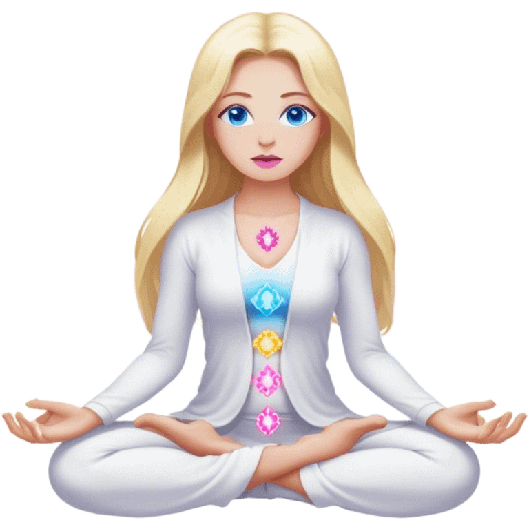 A cinematic realistic blonde with long hair, blue eyes, pink lips in white clothes meditates, her chakras glow emoji