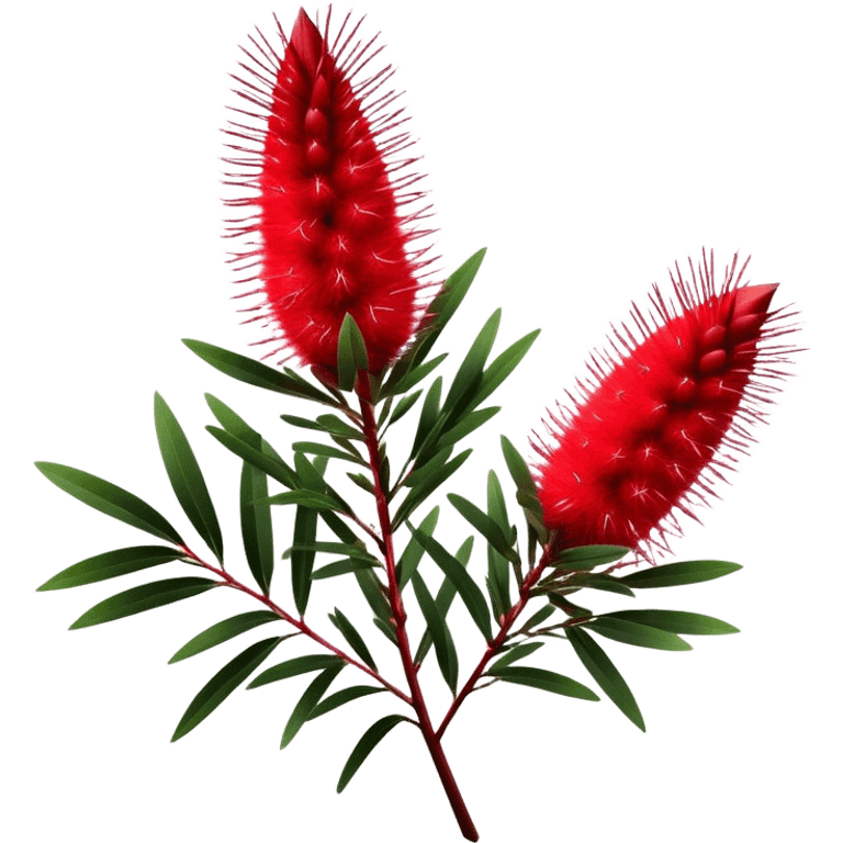 Cinematic Realistic Callistemon Emoji, Vibrant and striking, with spiky red flowers resembling a bottlebrush. The slender leaves create a fine backdrop to the bold blooms, while the plant exudes energy and vitality. Soft glowing outline, capturing the essence of strength, color, and natural beauty in a brilliant callistemon tree! emoji