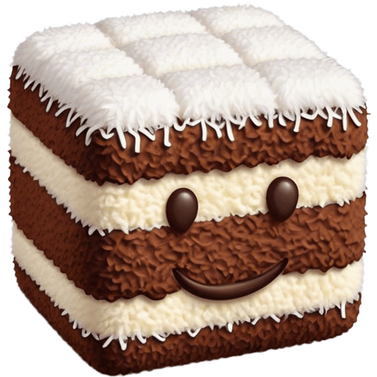 Cinematic Realistic Lamingtons Dessert Emoji, depicted as soft sponge squares coated in chocolate and coconut rendered with mouth‚Äêwatering detail and vibrant lighting. emoji