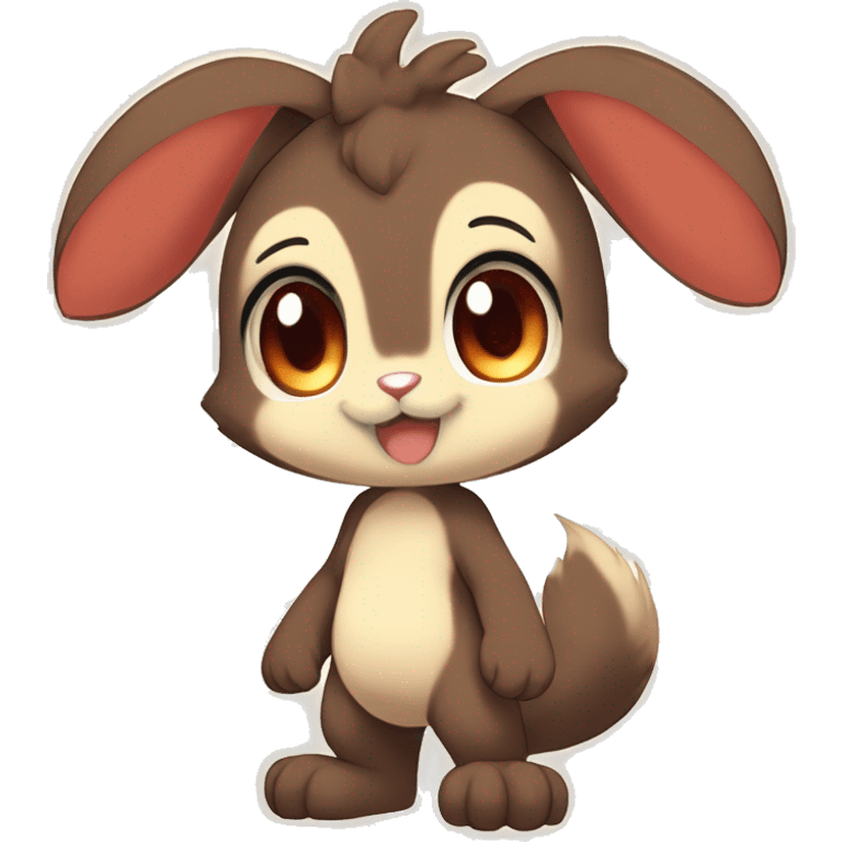 Cute, Chibi, Kemono-style, Anthro, Fur-Sona, Dark-Brown, Normal-type-Ground-type Tan-Rabbit-Fakémon with Dark-Red eyes, beige belly, beige paws, beige feet, beige freckles, full body emoji