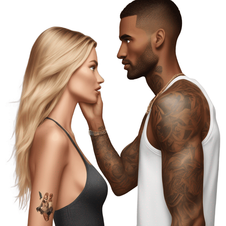 Photo of Victoria secret model having a serious conversation with a tattooed male model  emoji