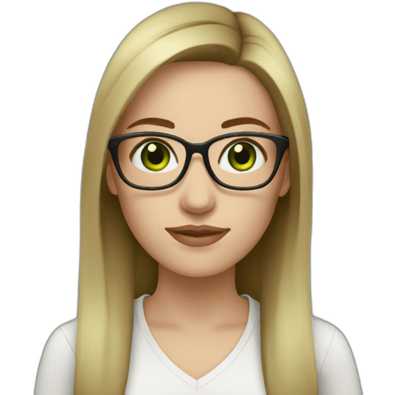 White woman with long dark brown straight hair and green eyes using glasses writing emoji