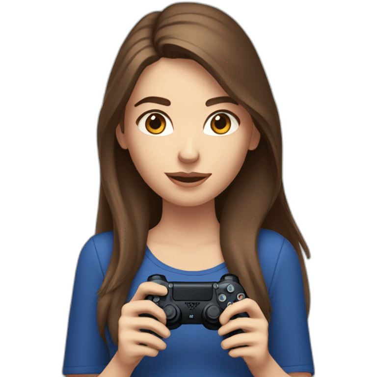 Caucasian Girl with long Brown hair holding a playstation 4 controller looking at a screen emoji