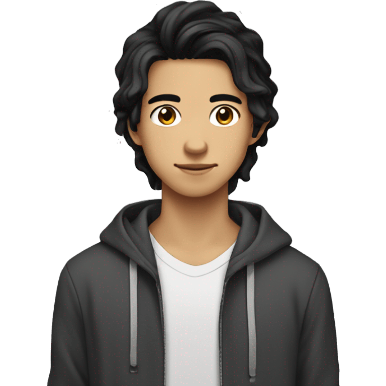 Teen boy type Asian, long wavy black hair not too wavy, dark eyes, wearing hoodie emoji