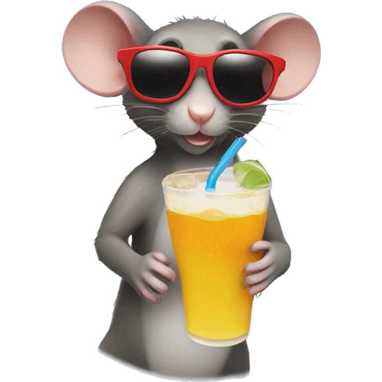 Little rat with sunglasses on with a drink by the beach emoji