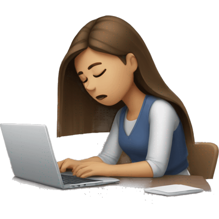 Exhausted brown straight hair girl working with laptop  emoji