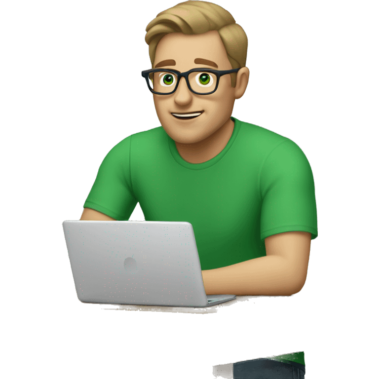 white man with blue eye and light brown hair and square glasses wearing green t-shirt using laptop emoji