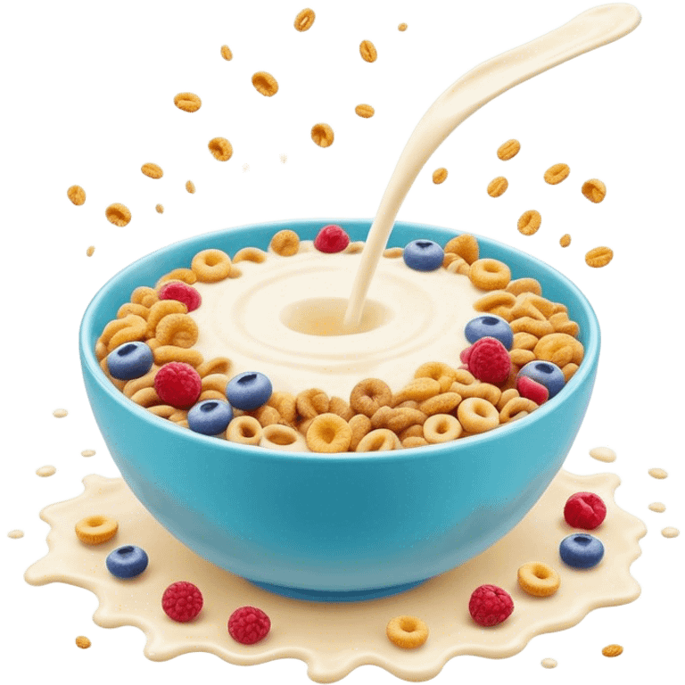 Cinematic crunchy cereal, vibrant and colorful, splashing into a bowl of cold milk, soft glowing background, dynamic movement, playful and inviting, nostalgic and fun. emoji