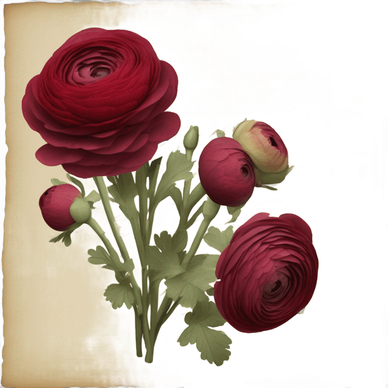 A bouquet of ruby-red ranunculus tied with a velvet ribbon and an old love letter emoji