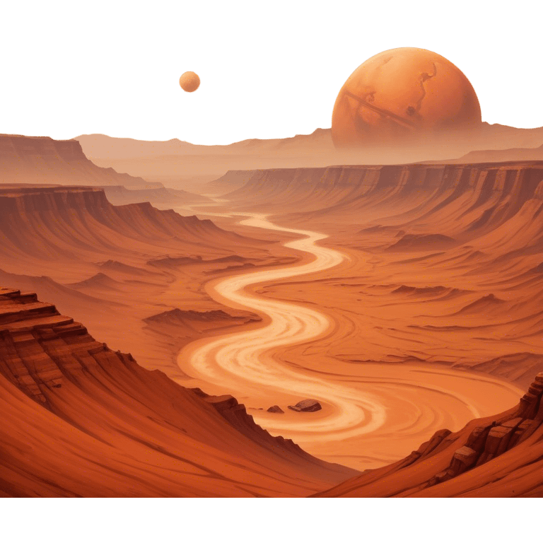 Cinematic Realistic Mars, portrayed with rugged, rust-colored landscapes, deep canyons, and swirling dust storms rendered with lifelike texture and an orange-hued glow that evokes the enigmatic allure of the Red Planet. emoji