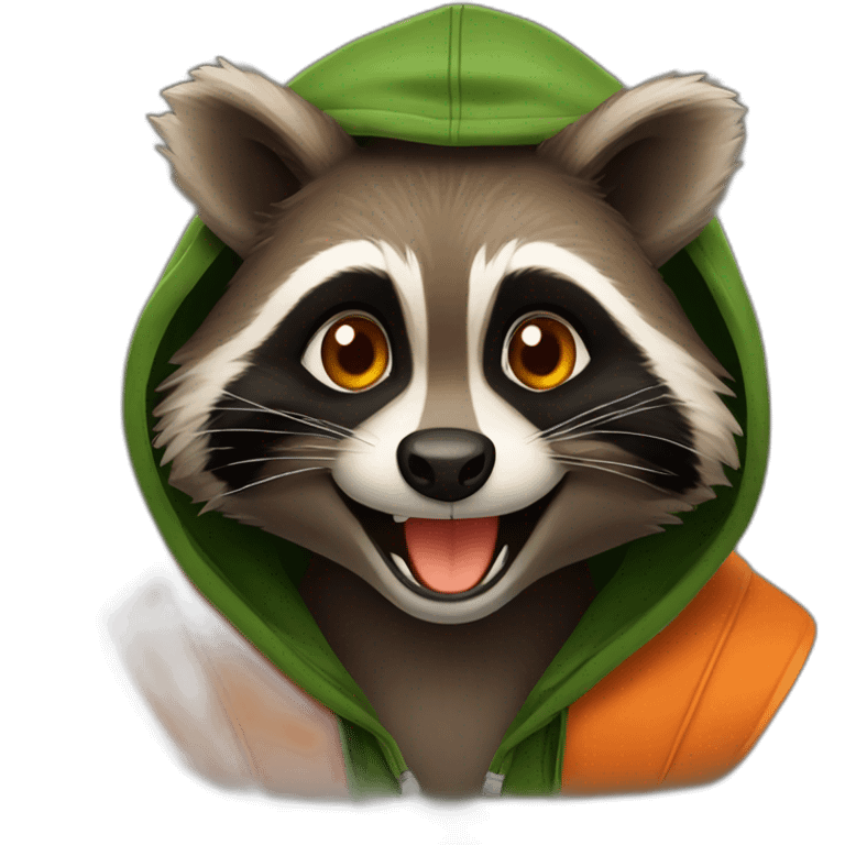 brown raccoon with orange eyes and a dark green hood that is laughing emoji