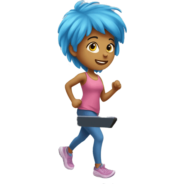 Girl with blue hair walking on treadmill emoji