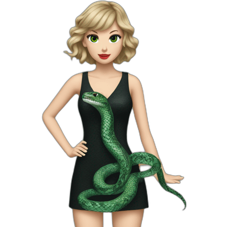 Taylor swift with black, gray and green dress with snake around arm emoji