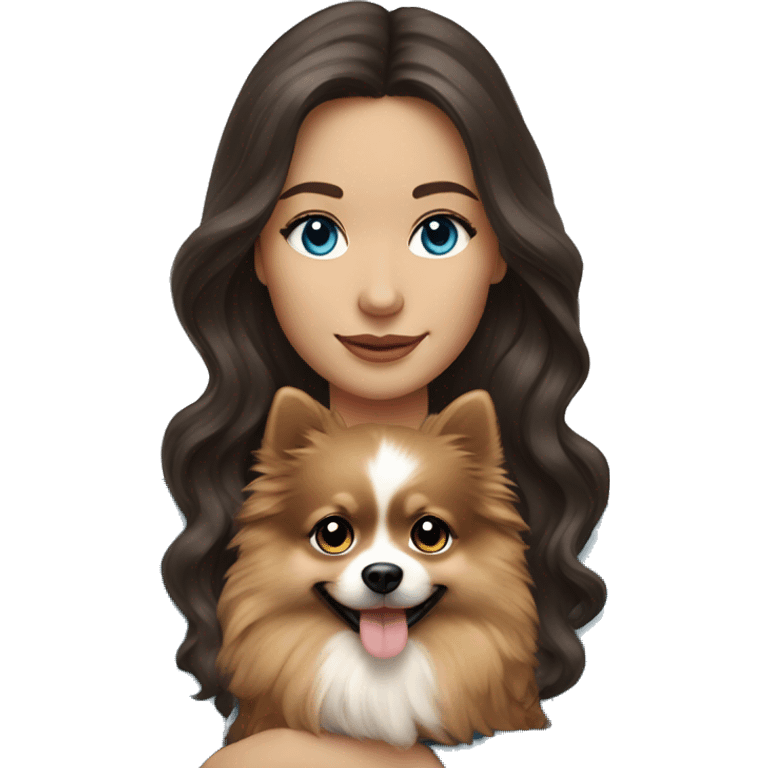 brunette long wavy hair girl blue eyes holding a Pomeranian emoji