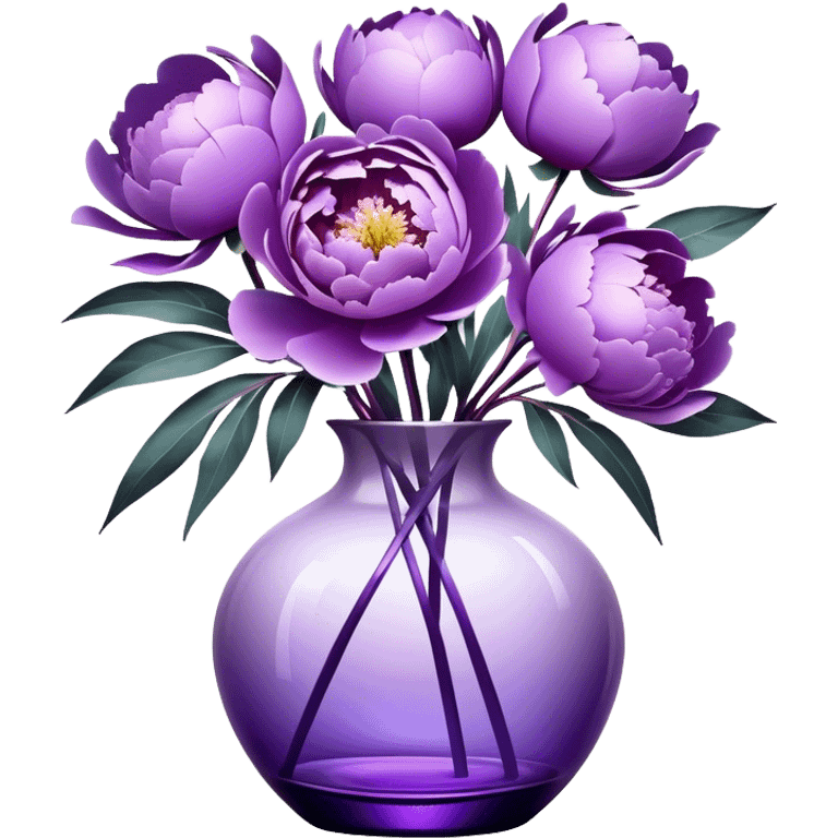 "Abstract peonies in shades of light purple and lavender, blending like soft brushstrokes. A glowing purple glass vase with surreal reflections, wrapped in a weightless, swirling satin ribbon."
 emoji