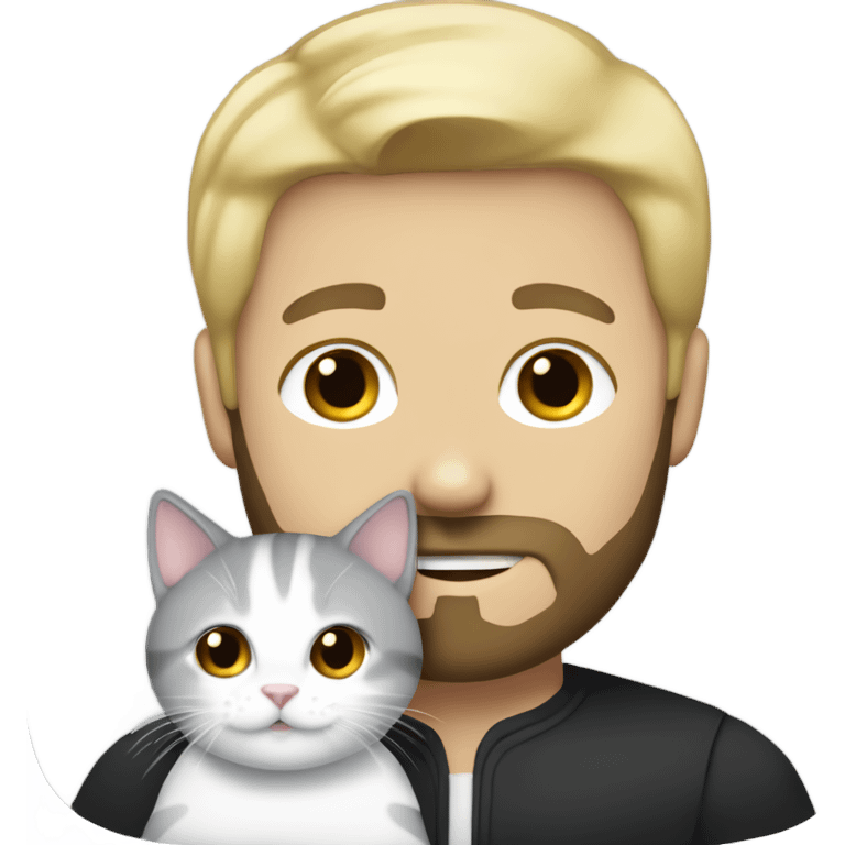 Blonde haired man with a black beard holding a white and gray cat emoji