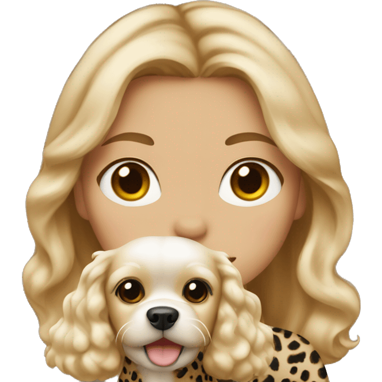 Girl with light skin, blonde waves hair, leopard top hold on Maltese dog emoji