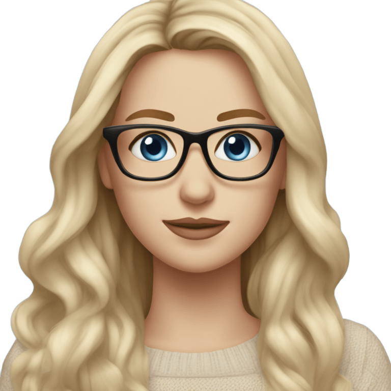 Blonde balayage long hair white women beige sweater blue eyes and small glasses  emoji