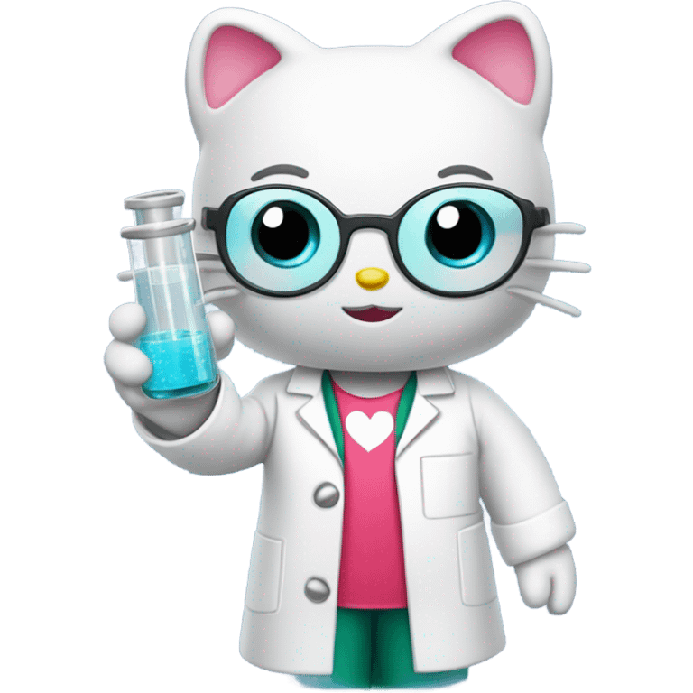 Hello Kitty wearing a tiny lab coat and goggles, holding a test tube emoji