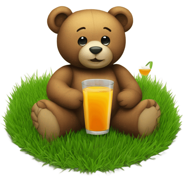 A Teddy bear holding a glass of juice sitting on a patch of grass emoji