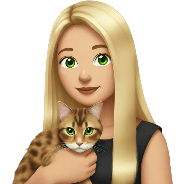 woman with green eyes and long straight blonde hair and big boobs is holding a very fluffy and fat tortoiseshell cat emoji