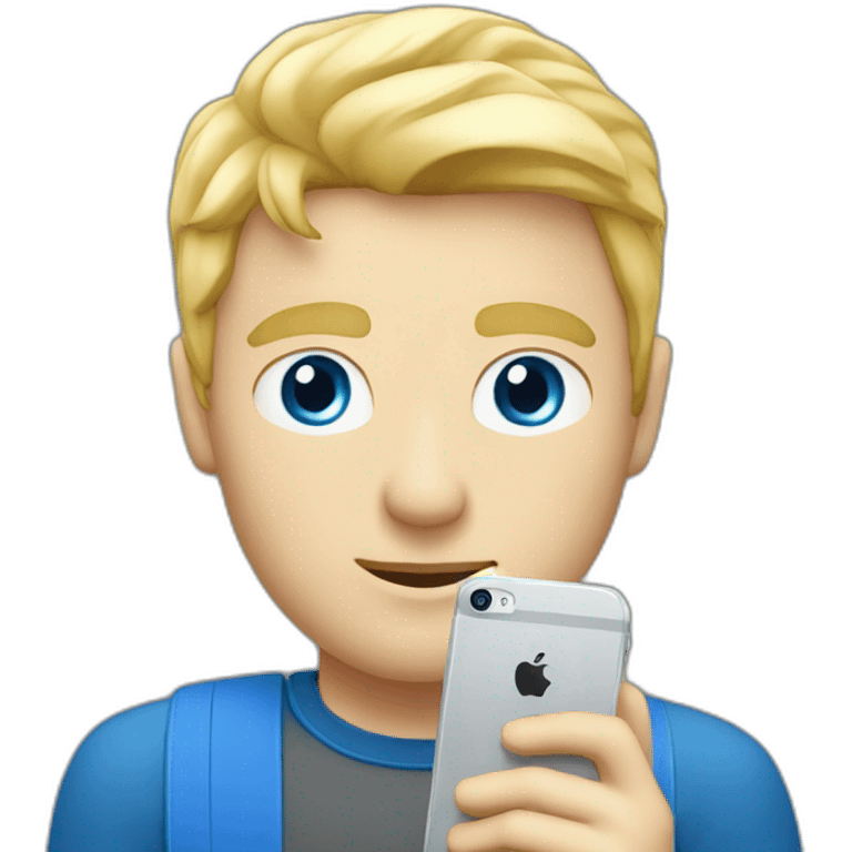 blonde guy tech reviewer with blue eyes holding an iphone 15 emoji