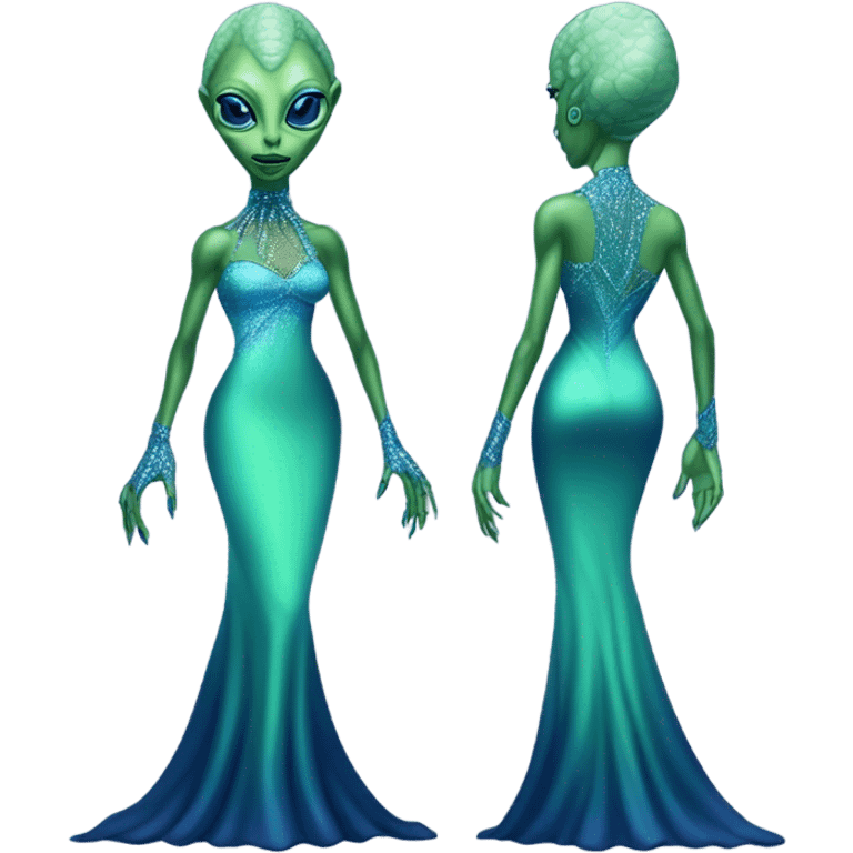 reptilian green alien woman, in long slim pastel blue formal party satin dress with gradient shiny sparkling navy blue diamonds embroidered, full body full figure emoji