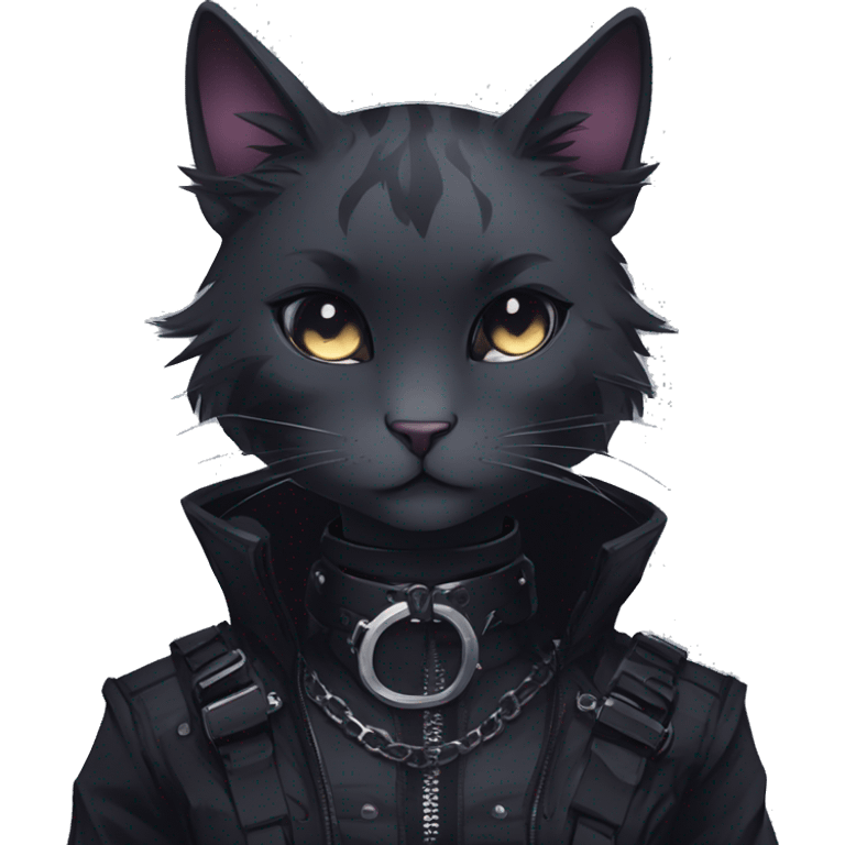 Gorgeous gothic dark techwear anime style anthro cat with blushing face aesthetic and pretty edgy black with collar and harness trending style emoji