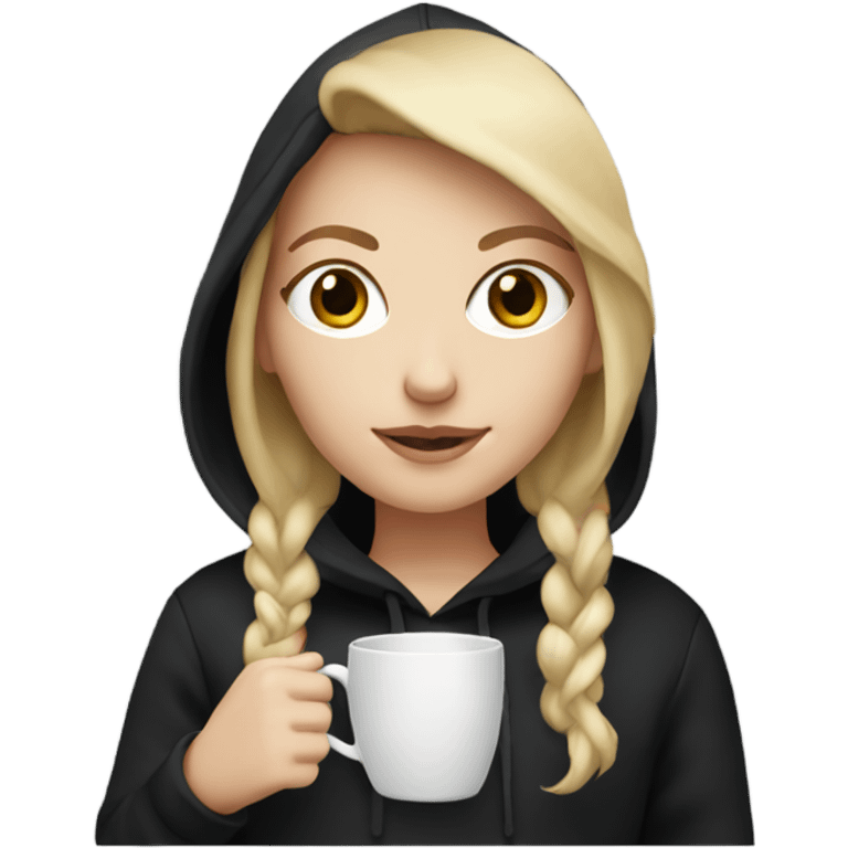 white girl with blond hair in black hoodie with cup emoji