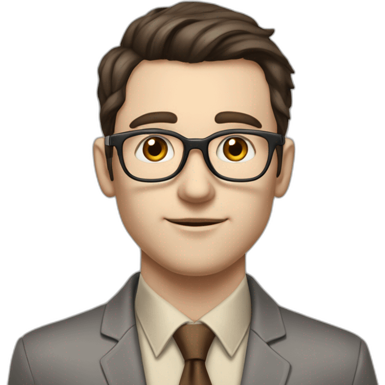 Pale skinned fit man with dark brown hair in gray jacket, beige office shirt, brown tie, brown pants and vintage glasses Writing on the flipchart emoji