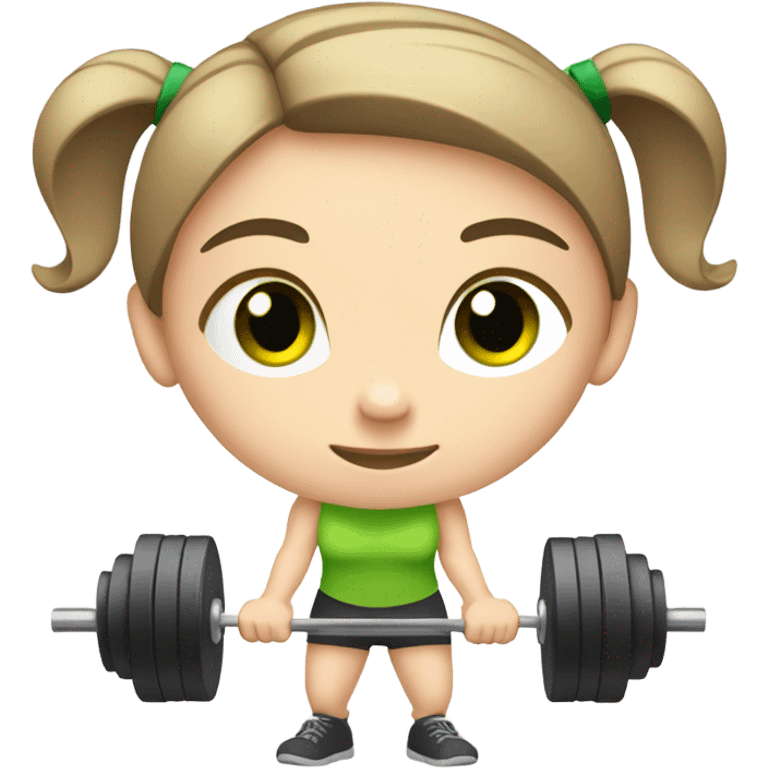 Pale girl with short brown hair and green eyes lifting weights emoji