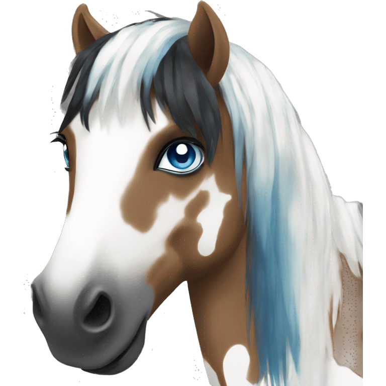 Brown and white spotted pony with black hair and blue eye emoji