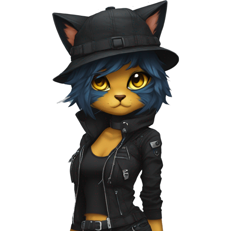 Edgy Beautiful Cool Anthro dark cat-fursona punk techwear and hat emoji