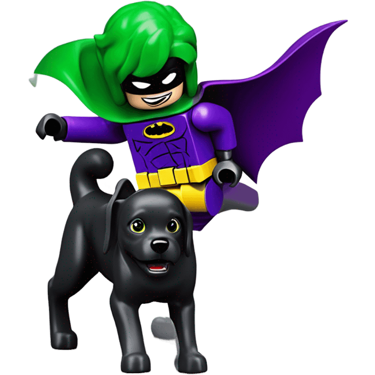 Lego Batman riding a Black lab chasing the joker  emoji