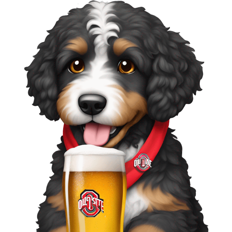 Bernedoodle with a beer wearing ohio state shirt emoji